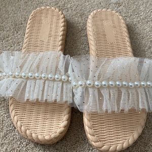 Womens slide sandals white pearl and mesh